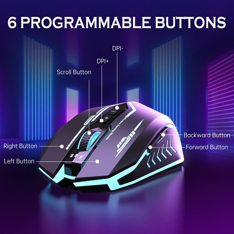 UHURU Wireless Gaming Mouse Up to 12000 DPI, Rechargeable USB-C Wireless Mouse with 7 Buttons 7 Dynamic LED Color Ergonomic Programmable MMO RPG for PC Laptop, Compatible with Windows Mac - Image 5
